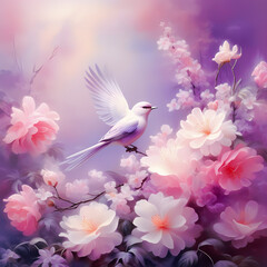 Serene scene with white doves and soft pink flowers background, nature wallpaper 