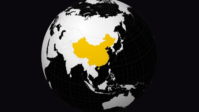 China map. Animated zoom into the country on the Globe in Black White color palette. Country logo animation. Map with meridians, parallels. Artistic video.