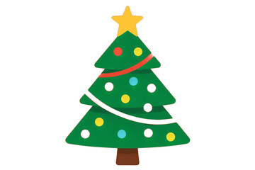 Bright flat vector illustration of a Christmas tree decorated with colorful ornaments on a transparent background