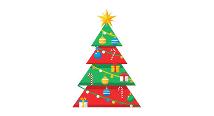 Flat Vector Christmas Tree with Colorful Ornaments on Transparent Background