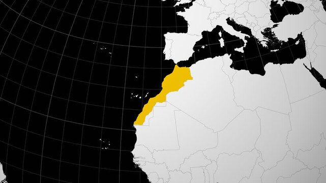 Morocco map. Animated zoom into the country on the Globe in Black White color palette. Country logo animation. Map with meridians, parallels. Stylish video.