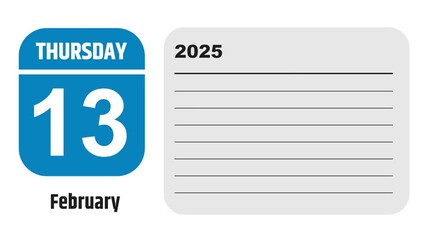 February 13, 2025: Animated 2029 planner showcasing February calendar, highlighting February 13th with space for tasks, notes, and to-do lists.