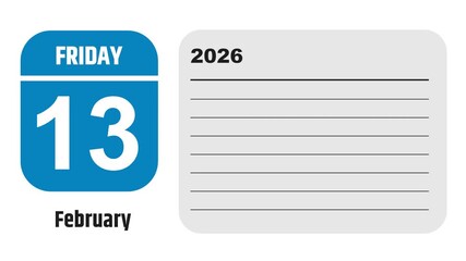 February 13, 2026: Animated 2030 planner showcasing February calendar, highlighting February 13th with space for tasks, notes, and to-do lists.