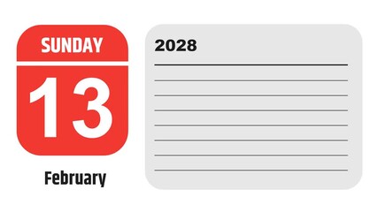 February 13, 2028: Animated 2026 planner showcasing February calendar, highlighting February 13th with space for tasks, notes, and to-do lists.