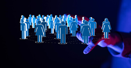 Abstract illustration of a digital network of people, visualized with connecting lines, hand...