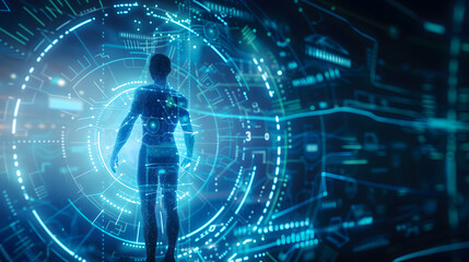 3d holographic interface with human silhouette and data flow, futuristic blue tones, glowing typography area, tech brand concept