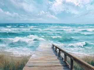 Bright oil painting featuring a wooden boardwalk leading to a serene blue ocean with gentle waves under a clear, sunny sky, capturing a peaceful coastal scene.