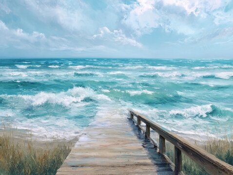 Bright oil painting featuring a wooden boardwalk leading to a serene blue ocean with gentle waves under a clear, sunny sky, capturing a peaceful coastal scene.
