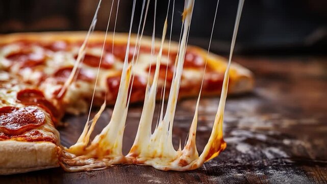 A slice of pepperoni pizza is lifted, revealing strings of melted cheese