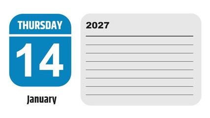 January 14, 2027: Animated 2025 planner showcasing January calendar, highlighting January 14th with space for tasks, notes, and to-do lists.