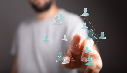 Close up of a hand interacting with a digital interface representing a social network. Symbolizes connection, communication, and digital interac