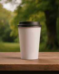 Hot beverage cup on wooden table in a green park setting