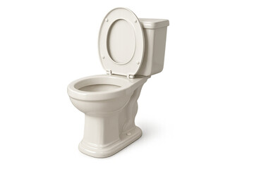 Toilet bowl with raised seat and tank, ceramic white bathroom fixture for sanitation and hygiene on transparent background