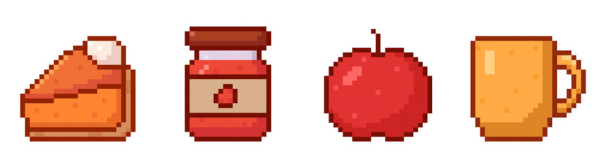 Obraz premium autumn pixel art icons, old 80s, 90s arcade 8 bit game style, fall season, pumpkin pie, strawberry jam, mug, tea, coffee, apple, cozy stickers, pixelated, harvest, holiday patches