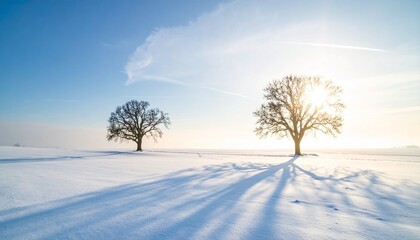 Solitary Tree in Snow-Covered Field Under Blue Sky – Peaceful Winter Landscape