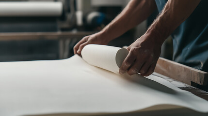 Obraz premium Craftsman unrolls a pristine roll of white paper, his hands guiding the material with precision. Texture, quality, and artistic potential are at the forefront. A fresh canvas awaits.