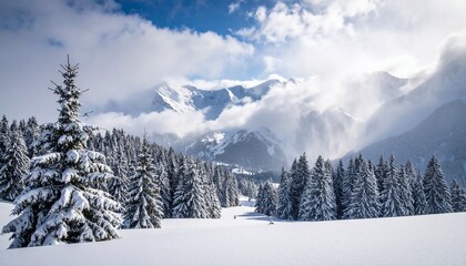 Snow-Covered Mountains and Evergreen Forest Under Partly Cloudy Sky &ndash; Majestic Winter Landscape