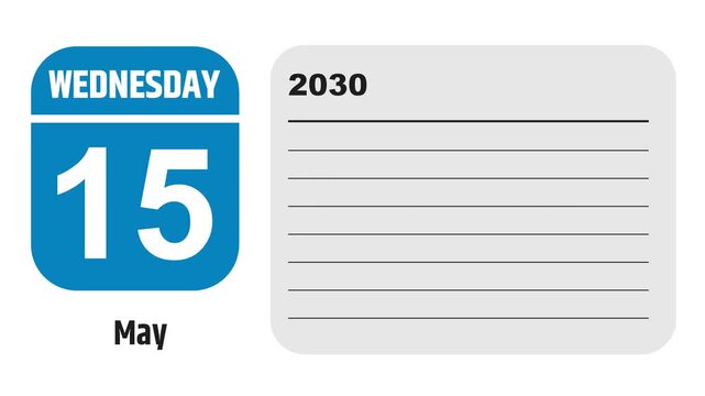 May 15, 2030: Animated 2028 planner showcasing May calendar, highlighting May 15th with space for tasks, notes, and to-do lists.