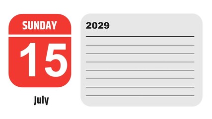 July 15, 2029: Animated 2026 planner showcasing July calendar, highlighting July 15th with space for tasks, notes, and to-do lists.