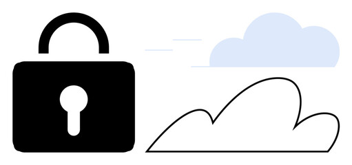 Lock symbol paired with simple cloud outlines conveying data protection, cybersecurity, and cloud storage security. Ideal for technology, data privacy, online safety, encryption, server protection