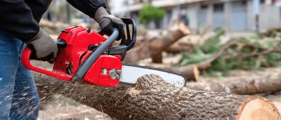 A person uses a chainsaw to cut a large log by a tranquil waterbody, surrounded by lush greenery on a sunny day