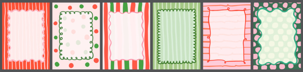 Red, green and pink Christmas wavy frames with dots and stripes for invitations, backgrounds, menus and kids designs