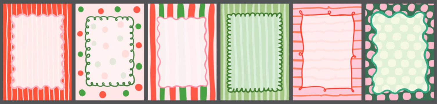 Red, green and pink Christmas wavy frames with dots and stripes for invitations, backgrounds, menus and kids designs
