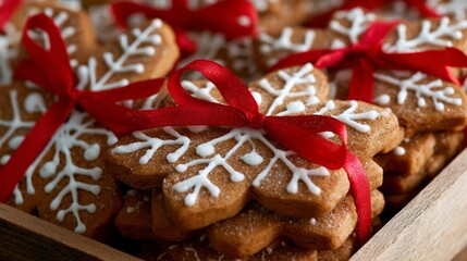 Gingerbread cookies shaped like snowflakes, decorated with white icing and red ribbons, arranged in a wooden box. Perfect for holiday celebrations.