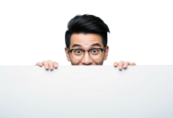 Store hours change notice template with man peeking over blank board, free copy space, useful for restaurants or retail flyers about holiday schedule updates or temporary closures