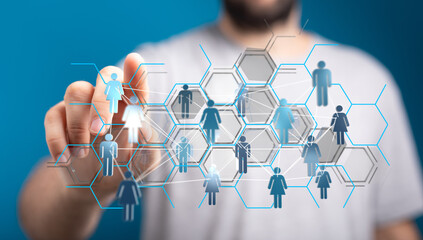 Abstract design with a hand touching futuristic interface and silhouettes representing connection, network, and human interaction. Ideal for con