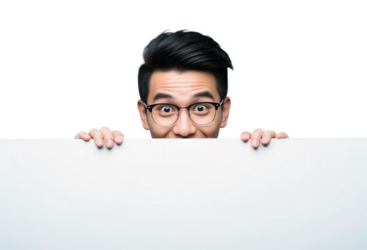 Store hours change notice template with man peeking over blank board, free copy space, useful for restaurants or retail flyers about holiday schedule updates or temporary closures