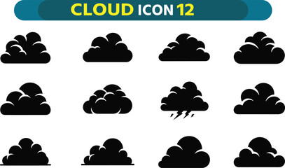Collection of twelve distinct black cloud icons with white outlines on a white background for design