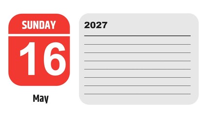 May 16, 2027: Animated 2030 planner showcasing May calendar, highlighting May 16th with space for tasks, notes, and to-do lists.