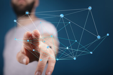 Image of a person's hand touching a 3D network grid symbolizing digital connections, technology, and communication, futuristic and creative.