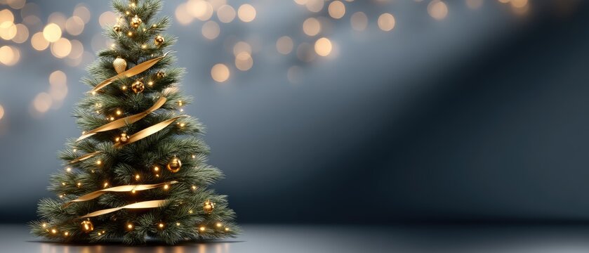 Golden ornaments dangle from tree branches, adding festive charm