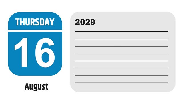 August 16, 2029: Animated 2026 planner showcasing August calendar, highlighting August 16th with space for tasks, notes, and to-do lists.