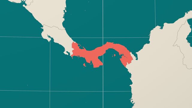 Panama map. Animated zoom into the country on the Globe in Teal Pale Mint color palette. Country logo animation. Map with meridians, parallels. Amazing video.