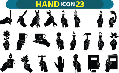 Collection of silhouette hand icons demonstrating various actions and objects in a clean graphic design