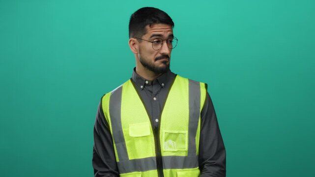 Young man in glasses and reflective vest stands against a solid green background, exuding a thoughtful expression, highlighting construction and safety themes.