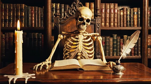 gothic academic ambiance, oldworld scholar surrounded by leather books and flickering flames, an ancient scholar engrossed in manuscripts beneath warm gothic glow for storytelling