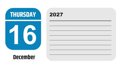 December 16, 2027: Animated 2025 planner showcasing December calendar, highlighting December 16th with space for tasks, notes, and to-do lists.