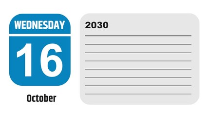 October 16, 2030: Animated 2027 planner showcasing October calendar, highlighting October 16th with space for tasks, notes, and to-do lists.