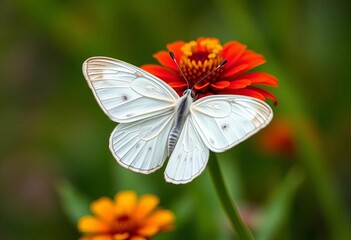 Delicate white butterfly with intricate wing patterns, perched on a vibrant flower,  macro photography,  nature photography