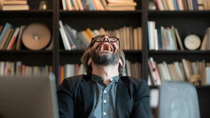 Man laughing with glasses at library