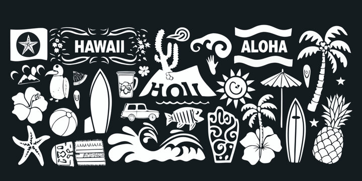 Collection of hawaiian icons and symbols including aloha and hawaii text on black background