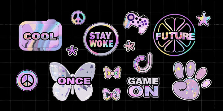 A vibrant collection of holographic stickers featuring inspirational phrases and playful icons on a black grid background