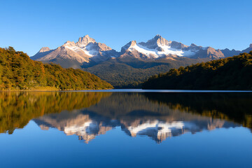 Fototapeta premium Reflections on the lake mirror snow-capped mountains and lush forests under a clear blue sky, creating a serene and picturesque landscape. Perfect harmony of nature's elements.