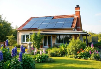 Eco-friendly home with solar panels and lush garden, building, trees