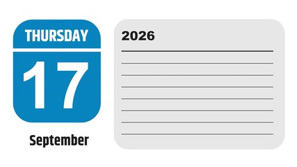 September 17, 2026: Animated 2029 planner showcasing September calendar, highlighting September 17th with space for tasks, notes, and to-do lists.