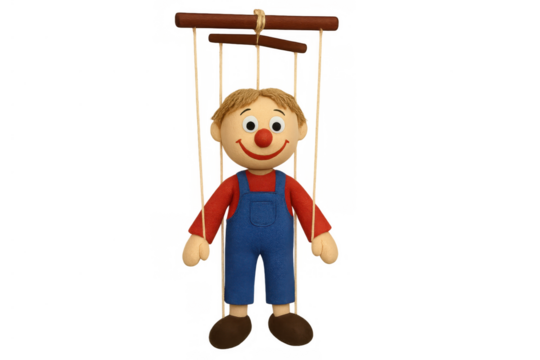 Claymation puppet boy with control strings, metaphor for manipulation, childhood, and entertainment on transparent background